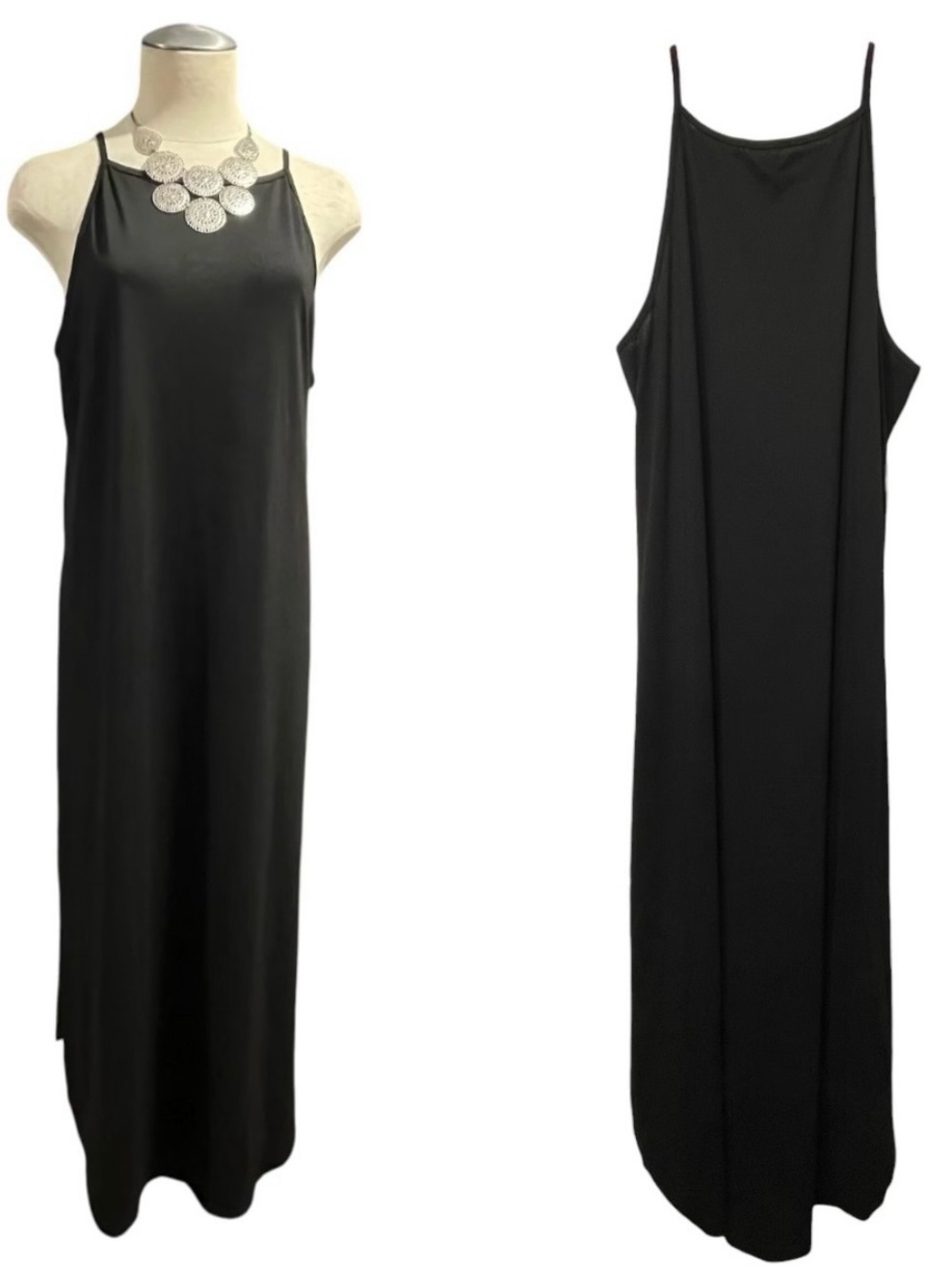 Minimalist High Neck Spaghetti Strap Black Halter Maxi Dress Asymmetrical Hem